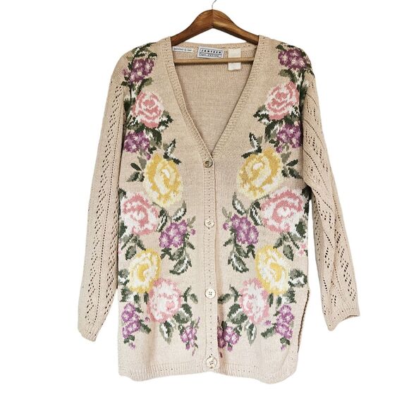 Vtg Jantzen Floral Cardigan Womens L Beige Embroidered Pointelle Cottagecore Gma - Picture 1 of 11